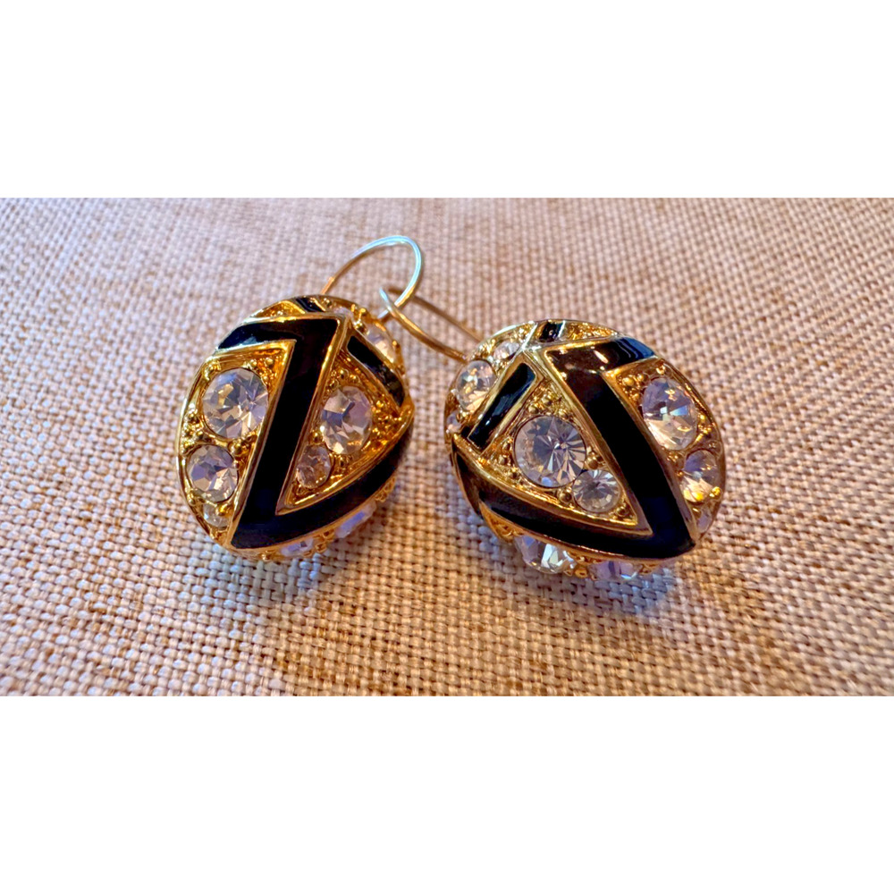 Vintage KJL Black Earrings Enamel Clear Crystal Gold Plated Pierced